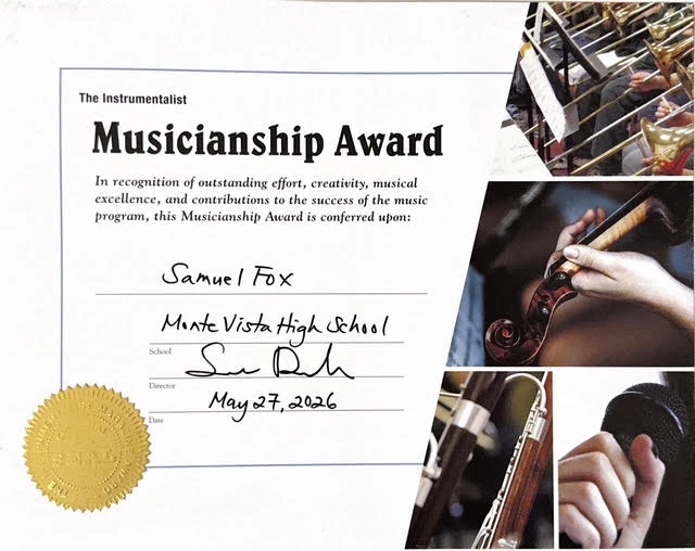Musicianship Award presented to Samuel Fox at Monte Vista High School on May 27, 2026